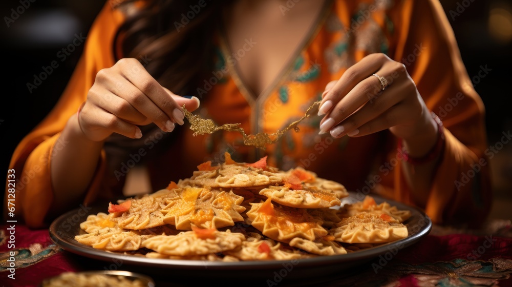 A close up of a woman hands making eid cookies.UHD wallpaper