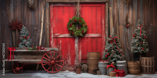 Red vintage rustic barn door, backdrop for photography, christmas trees with gifts and christmas decor