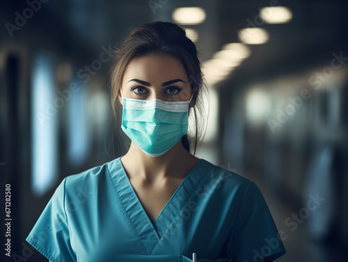 A nurse in a busy hospital hallway, confidently adjusting her comfortable blue surgical mask