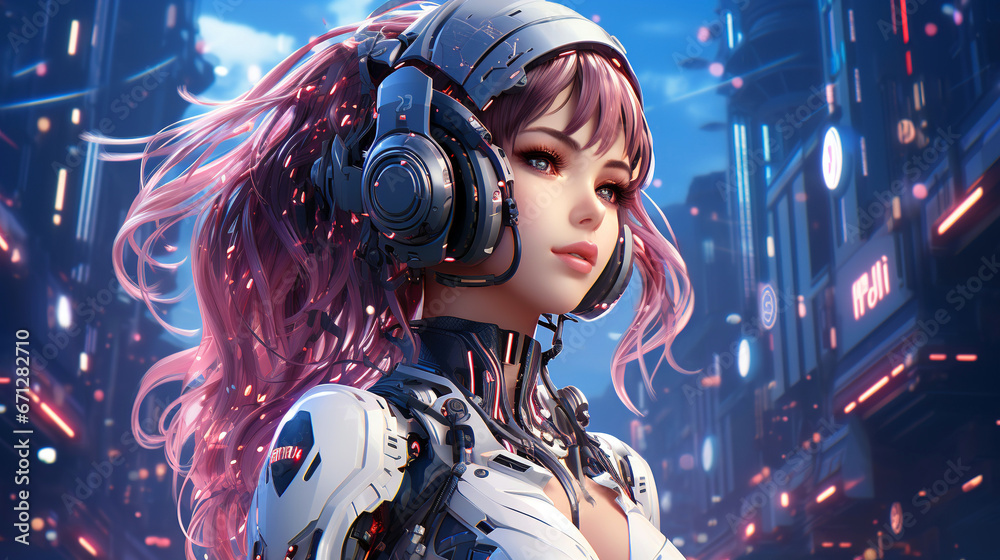 Fototapeta premium Cyberpunk anime girl with headphones in neon city, generative ai