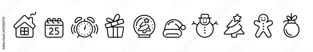 Modern Christmas icon set in line style. Christmas elements, star, celebration, decoration, winter, ornament simple black symbol sign for apps, UI, and website, vector illustration - obrazy, fototapety, plakaty 