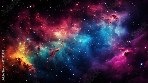 Vibrant cosmic nebula with bright stars, generative ai
