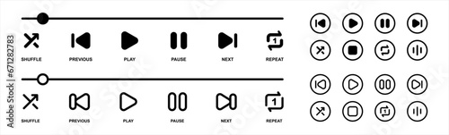 Media music player interface icon set in line style, Multimedia navigation symbol buttons. Video player, stream, Online broadcasting simple black sign for apps, UI, and website