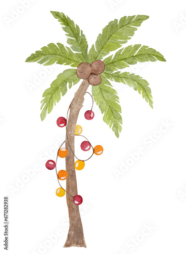 Caribbean merry christmas watercolor painting with palms xmas tree, cactus and santa hat. Tropical beach new year postcard