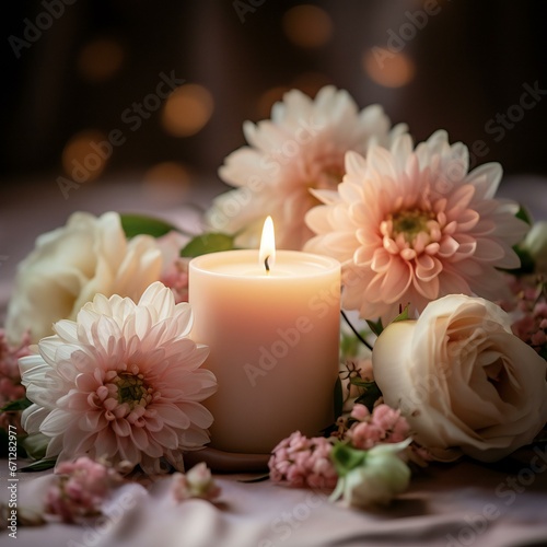 A captivating photograph showcasing the soft warm glow of burning candle