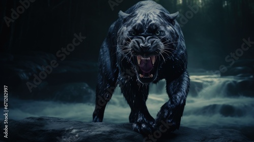 Black panthers dark colored individuals of the genus Panthera, family of cats, black predatory wild animal, powerful fast animal, aggressive . photo