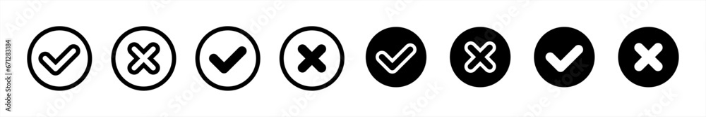 Obraz premium Checkmark or checkbox pictogram icon set in line style, Green and red check mark in flat style, Circle tick approved simple black symbol sign for apps, UI, and website, vector illustration