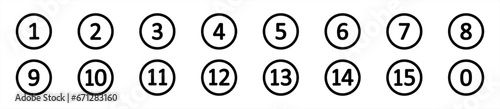Bullet Points icon set in line style, Simple round numbers in flat style, Set of 1-15 numbers simple black symbol sign for apps, UI, and website, vector illustration