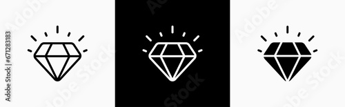 Diamond gemstone with sparkle icon set in line style, jewelry in flat style, Gem, Crystal, Brilliant, simple black symbol sign for apps, UI, and website, vector illustration