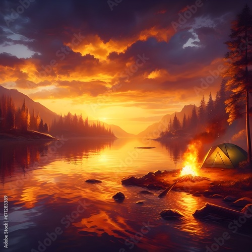 Sonnenuntergang über dem See mit einem Feuer und einem brennenden Zelt 
