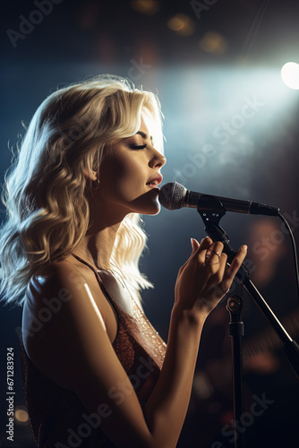 Attractive caucasian female singer singing jazz song solo on stage