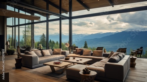 Large living room window in a mountain house that overlooks the mountain range © Orxan