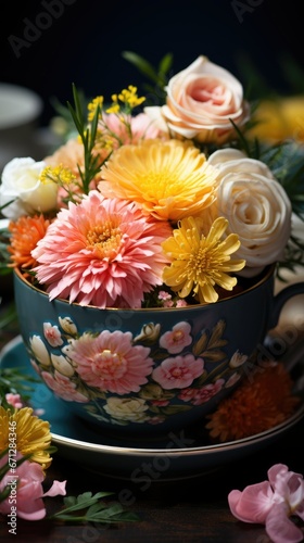 Cup of tea with flowers UHD wallpaper