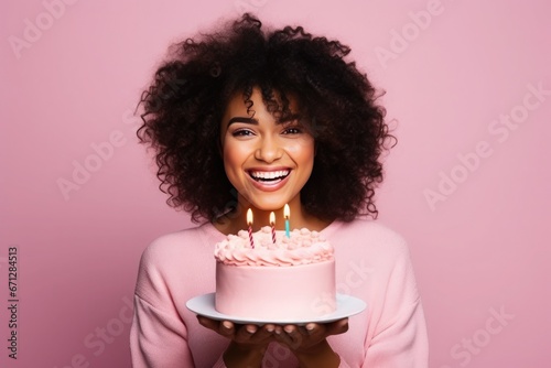 an afroamerican woman blowing out the candles on his birthday cake with a pink background photo