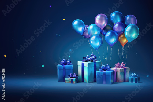 Birthday card with blue glossy balloons and gift boxes on dark background