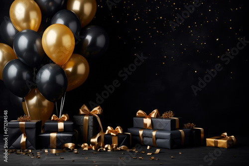 Birthday card with black and golden balloons and gift boxes on dark background