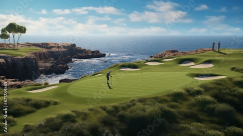A golfer teeing off on a par 3 golf hole. The green is around 100 meters and is surrounded by bunker and water hazard in the middle. The hole ends in a cliff where beyond you can see the nice blue sea © Orxan