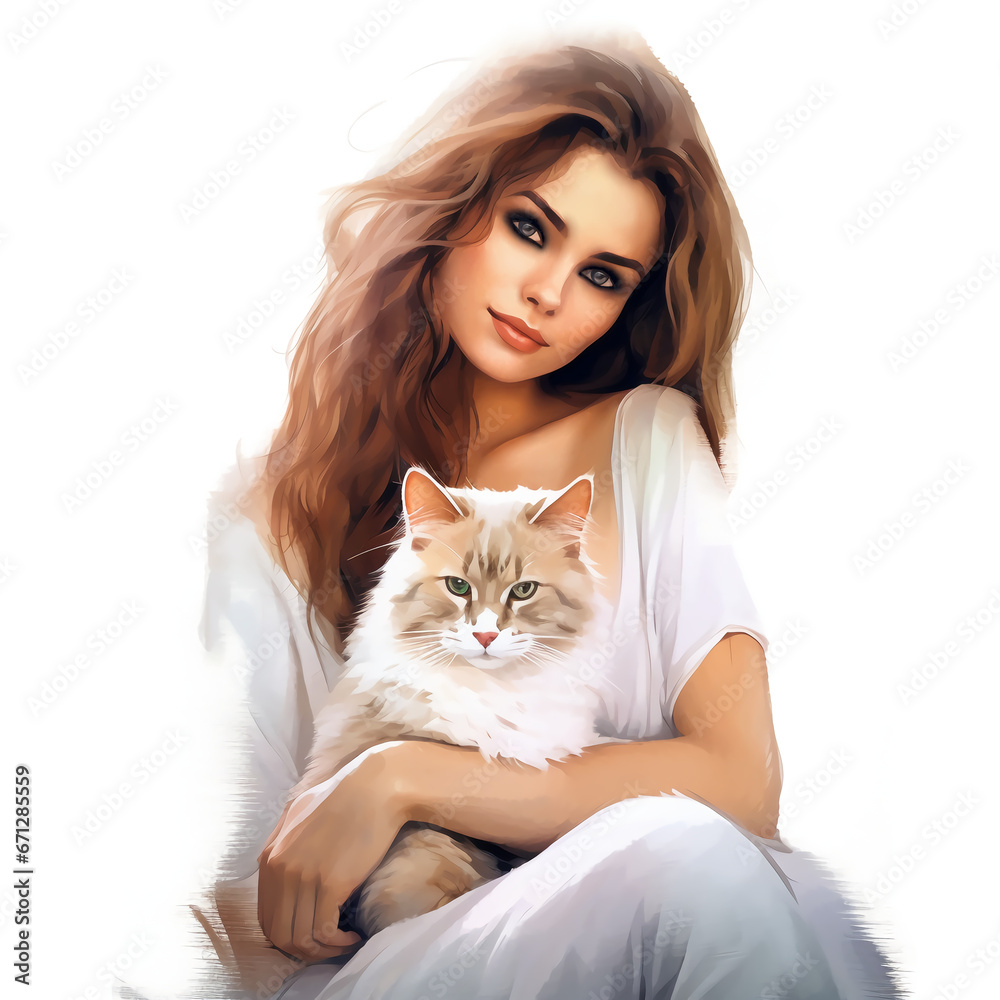 Portrait of a woman and her cat, white background.