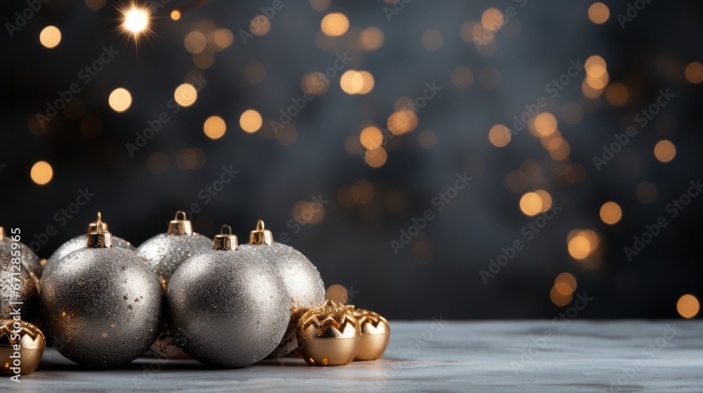 Silver christmas baubles on bokeh background, copy space