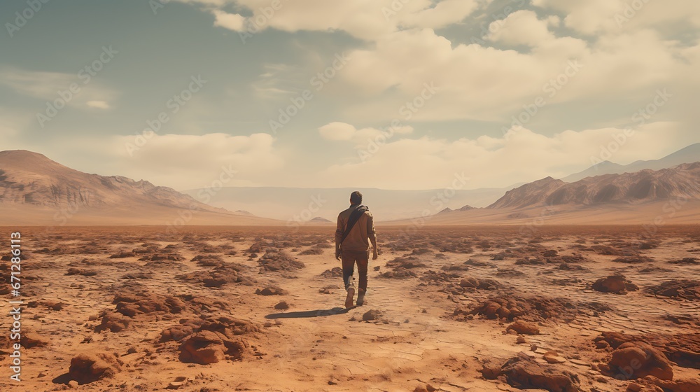 A cinematic scene, in the desert throw dust a man is walking, ultra realistic, film grain, cinematic colour grading, detailed faces, dramatic light - obrazy, fototapety, plakaty 