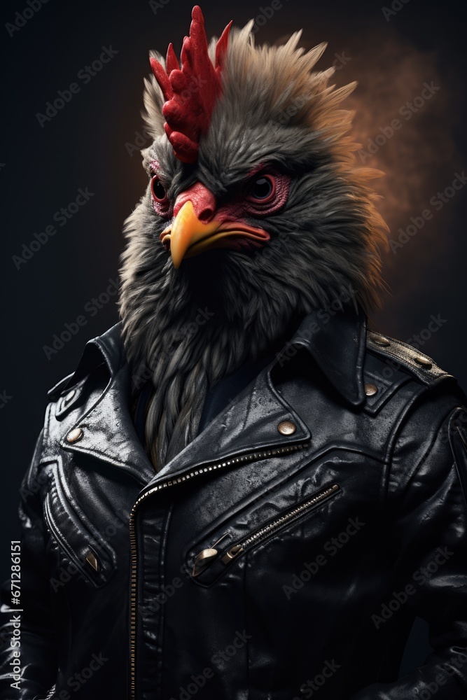 cartoon character cool rooster, chicken, wearing a leather jacket, sun goggles and copy space. 3d picture of a chicken on an isolated background, jacket shirt, pink, black