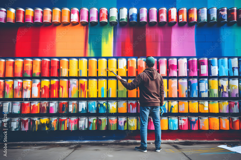 Street artist spray painting a vivid mural rainbow aerosol cans lined ...
