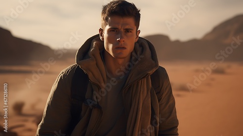 A cinematic scene, in the desert throw dust a man is walking, ultra realistic, film grain, cinematic colour grading, detailed faces, dramatic light