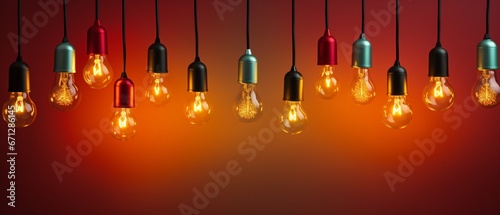 background with light bulbs, hanging on red background. Copy space. Season greetings concept. Generative AI