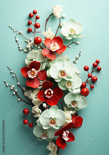 Branches of red and white orchids on pastel blue background. Flat lay. Concept for Mother's Day, birthday or anniversary card. Generative AI