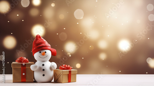 Christmas background with snowman and gift boxes on bokeh background © Argun Stock Photos