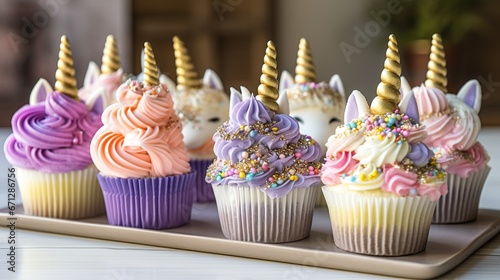 Rainbow colorful unicorn cupcakes, muffins, generative ai © nikolettamuhari