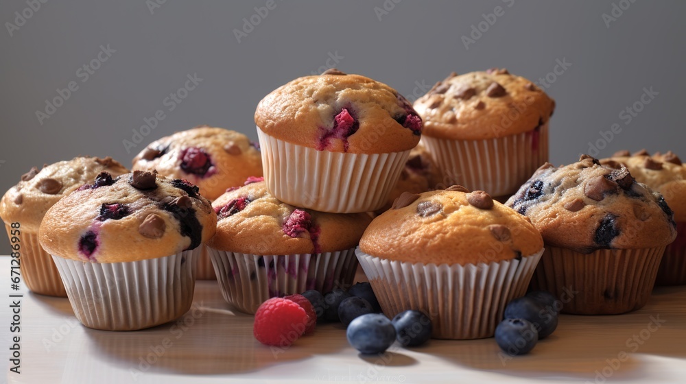 Muffins with fruits banner background, generative ai