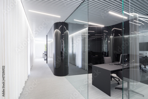 Modern office corridor with sleek design elements photo