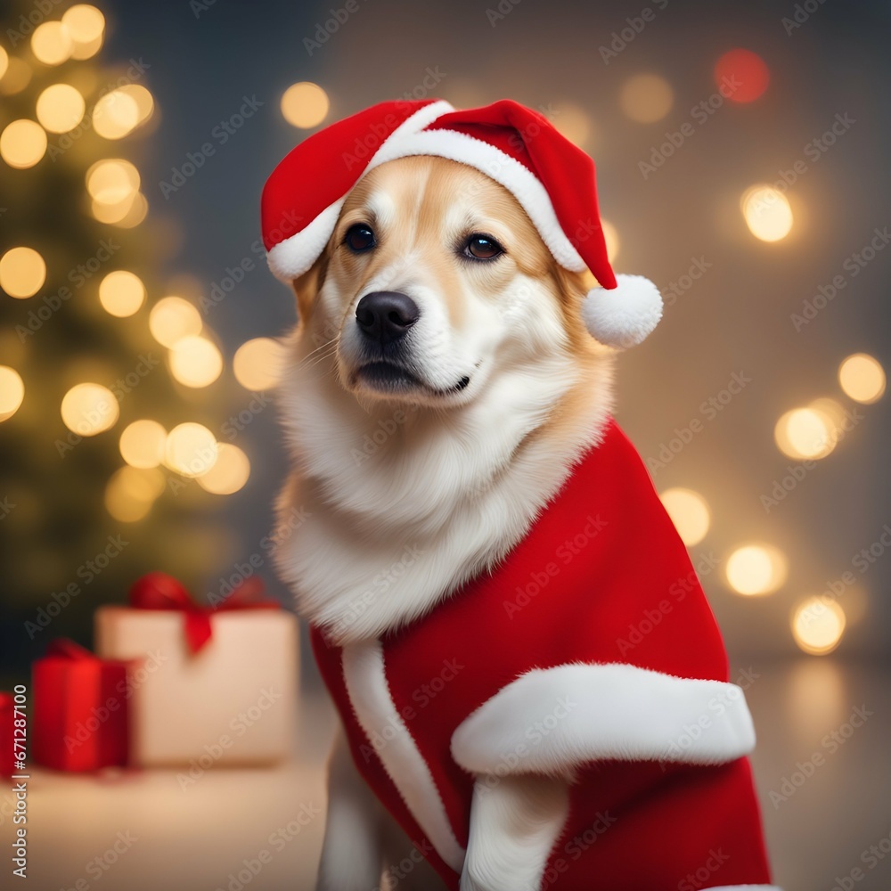 Perro Vestido de Santaclos Papá Noel en Navidad con Fondo de Luces Brillantes Doradas Perro Vestido de Santaclos Papá Noel en Navidad con Fondo de Luces Brillantes Doradas