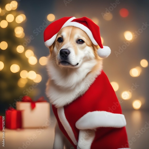 Perro Vestido de Santaclos Papá Noel en Navidad con Fondo de Luces Brillantes Doradas photo