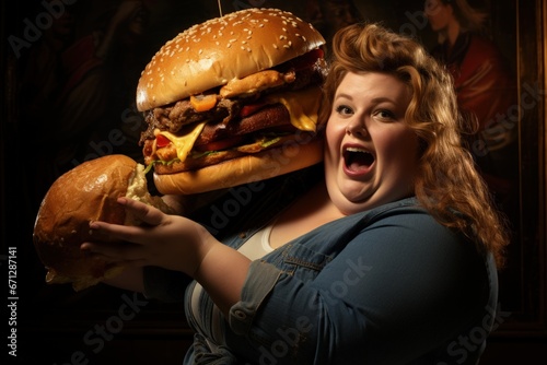 Overweight problem, poor diet, calorie-laden food, fast food cheeseburger burger, fat woman, obese persona, high calorie quick food, motivation to eat righ, fatty foods, dieting, new life. photo