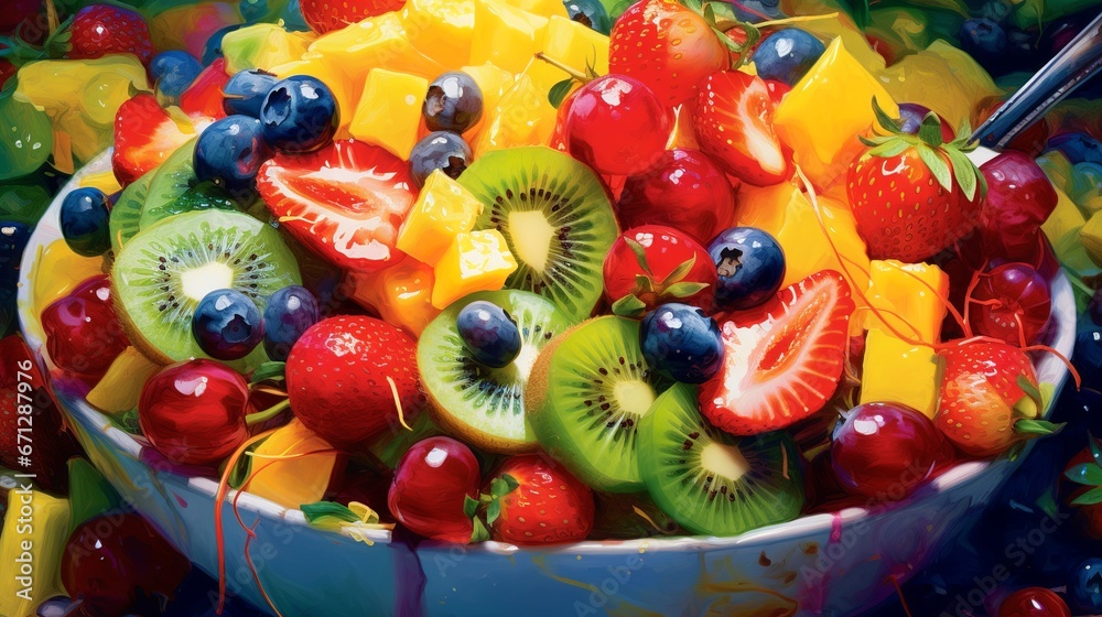 Colorful fruit salad bowl with lots of kind of fruits, generative ai