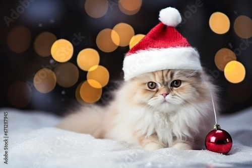 Cute kitten wearing a santa hat, on a Christmas holiday bokeh background