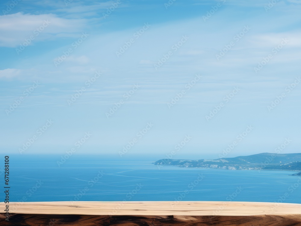 Fototapeta premium Wooden table on the backdrop of a blue sea, white sand beach, clear blue sky.