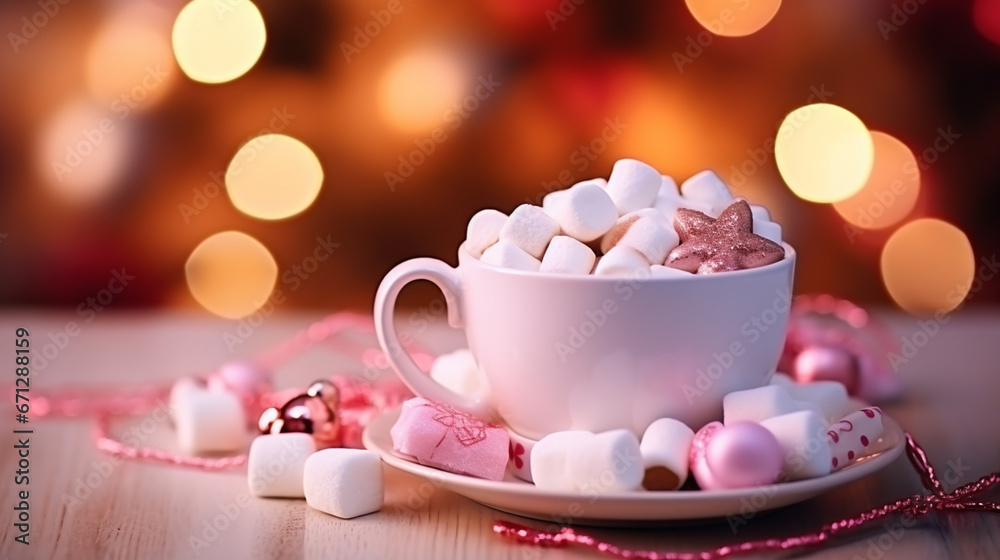 Hot cocoa with marshmallows in a ceramic mug. Concept of cozy holidays and new year.Generative AI Hot cocoa with marshmallows in a ceramic mug. Concept of cozy holidays and new year.Generative AI