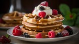 Belgian waffles with fruits, berries, whipped cream and syrup, generative ai