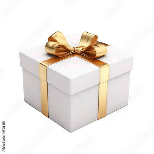 white Gift box with gold ribbon isolated on transparent and white background. Png transparent. Side View. © Happy Stock