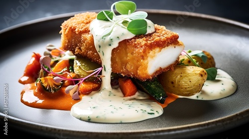 Breaded hake fish fillet with vegetables healthy dish, generative ai photo