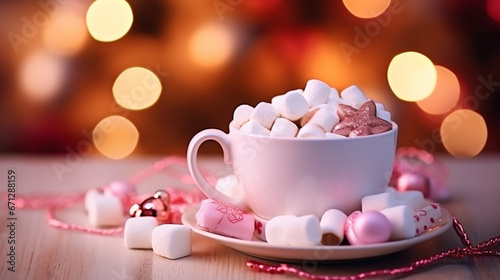 Hot cocoa with marshmallows in a ceramic mug. Concept of cozy holidays and new year.Generative AI