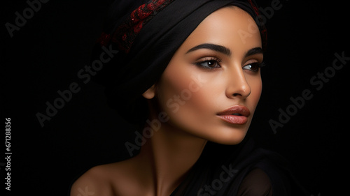 closeup portrait of a beautiful middle eastern woman wearing a head scarf 