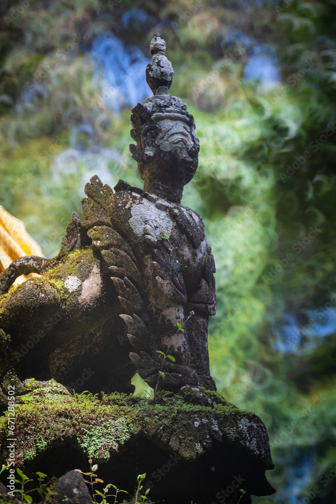 Obraz premium Mythological Creatures, Angel, Guardian statue at Wat Palad, or Wat Pha Lat temple the secret hidden temple nestled in the jungle on the Doi Suthep Mt. travel destination Chiang Mai, Thailand.