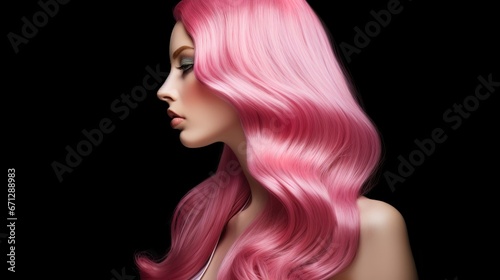 Long healthy pink colored woman hair, generative ai