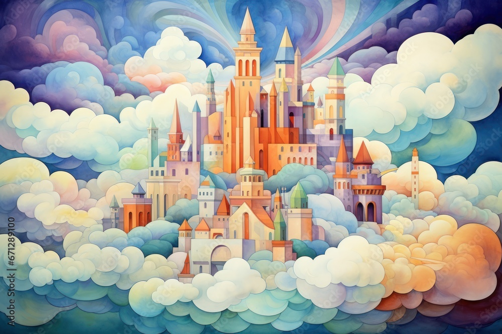 Whimsical cloud castles, floating high above the world, accessible only ...