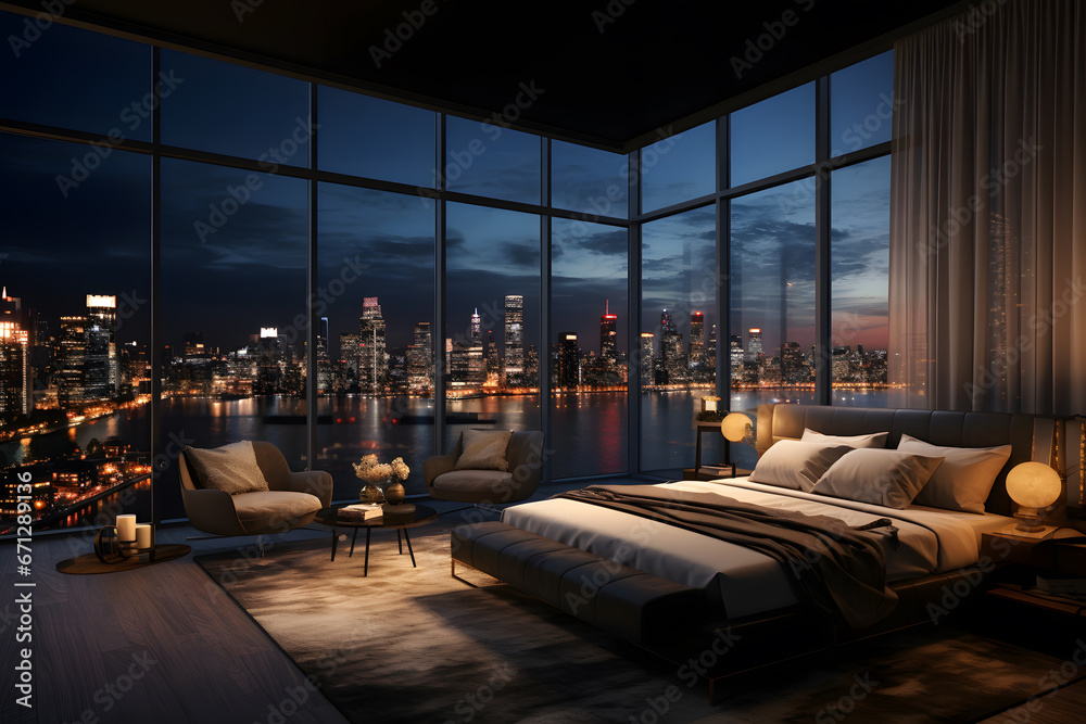 A bedroom with a large window overlooking a city A bedroom with a large window overlooking a city