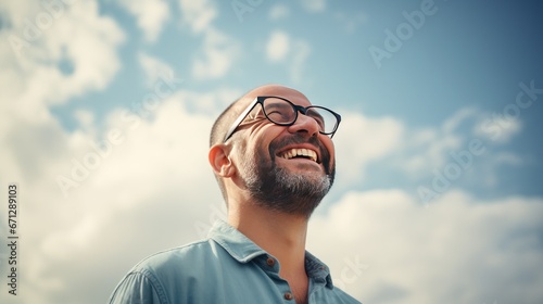 40 year old man. Confident and cheerful man against beautiful sky background.	